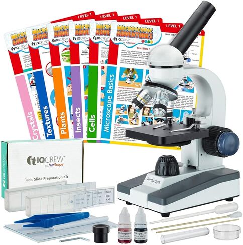 AmScope 40X-1000X مجهر طالب أحادي العين محمول LED + مجموعة إعداد الشريحة الأساسية + بطاقات التجربة in Kuwait