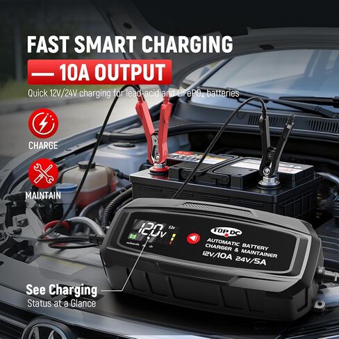TOPDC Automatic Battery Charger & Maintainer – Smart Trickle Charger for Car, Motorcycle, Boat, Lawn Tractor, RV, ATV – Lead-Acid (AGM/STD/Gel) & LiFePO4 (LFP) (10A) in Saudi Arabia