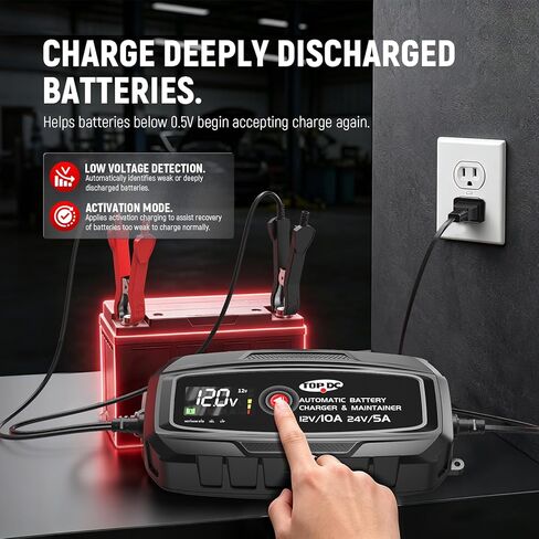 TOPDC Automatic Battery Charger & Maintainer – Smart Trickle Charger for Car, Motorcycle, Boat, Lawn Tractor, RV, ATV – Lead-Acid (AGM/STD/Gel) & LiFePO4 (LFP) (10A) in Saudi Arabia