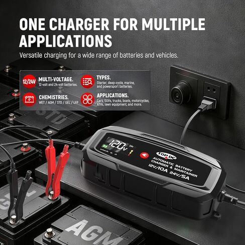 TOPDC Automatic Battery Charger & Maintainer – Smart Trickle Charger for Car, Motorcycle, Boat, Lawn Tractor, RV, ATV – Lead-Acid (AGM/STD/Gel) & LiFePO4 (LFP) (10A) in Saudi Arabia