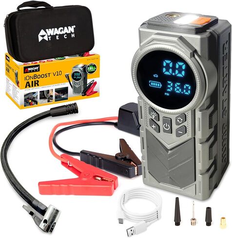 Wagan EL7603 iOnBoost V10 Air Jump Starter مع منفاخ الإطارات 1500A Peak 12V بطارية ليثيوم محمولة للسيارة معززة مع ضاغط هواء 150 رطل لكل بوصة مربعة شاشة عرض ضغط LCD مدمجة ضوء LED معتمد من UL in Kuwait