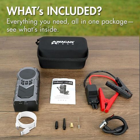 Wagan EL7603 iOnBoost V10 Air Jump Starter مع منفاخ الإطارات 1500A Peak 12V بطارية ليثيوم محمولة للسيارة معززة مع ضاغط هواء 150 رطل لكل بوصة مربعة شاشة عرض ضغط LCD مدمجة ضوء LED معتمد من UL in Kuwait