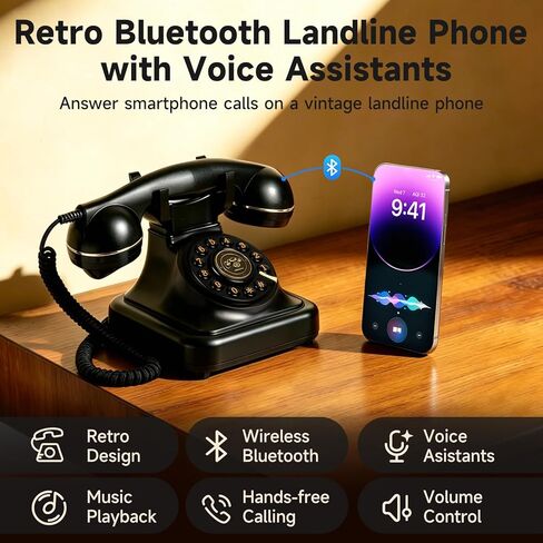 Bluetooth Retro Phone with Voice Assistant, Vintage Old Fashioned Telephone with Speakerphone & Volume Control, Wireless Rechargeable Telephone for Bedroom, Home & Office, Black in Saudi Arabia