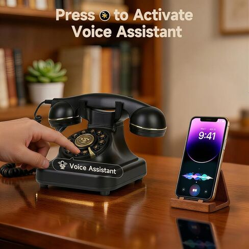 Bluetooth Retro Phone with Voice Assistant, Vintage Old Fashioned Telephone with Speakerphone & Volume Control, Wireless Rechargeable Telephone for Bedroom, Home & Office, Black in Saudi Arabia