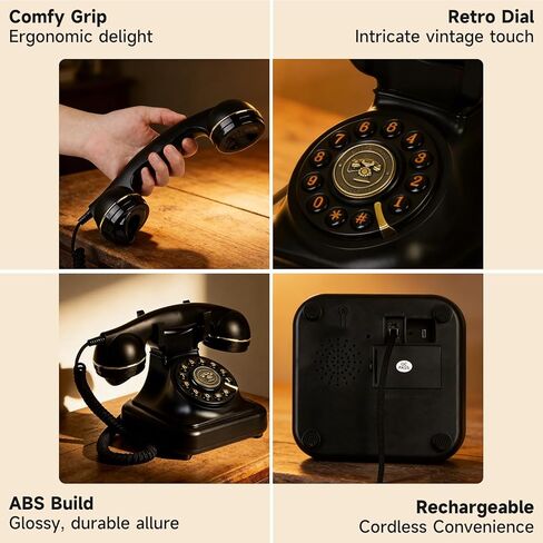 Bluetooth Retro Phone with Voice Assistant, Vintage Old Fashioned Telephone with Speakerphone & Volume Control, Wireless Rechargeable Telephone for Bedroom, Home & Office, Black in Saudi Arabia