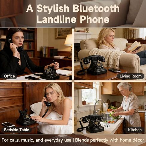 Bluetooth Retro Phone with Voice Assistant, Vintage Old Fashioned Telephone with Speakerphone & Volume Control, Wireless Rechargeable Telephone for Bedroom, Home & Office, Black in Saudi Arabia