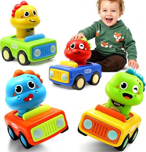 Pbooo Press to Go Car, Dinoaur Car Toys for Toddlers 1-3, Kids' Play Vehicles and Race Cars, Push Go Cars for 6-12-18 Month, Ideal Christmas and Birthday Gift for 1-2 Year Old Kids in Saudi Arabia