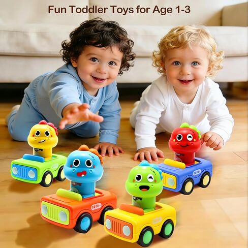 Pbooo Press to Go Car, Dinoaur Car Toys for Toddlers 1-3, Kids' Play Vehicles and Race Cars, Push Go Cars for 6-12-18 Month, Ideal Christmas and Birthday Gift for 1-2 Year Old Kids in Saudi Arabia