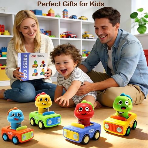 Pbooo Press to Go Car, Dinoaur Car Toys for Toddlers 1-3, Kids' Play Vehicles and Race Cars, Push Go Cars for 6-12-18 Month, Ideal Christmas and Birthday Gift for 1-2 Year Old Kids in Saudi Arabia