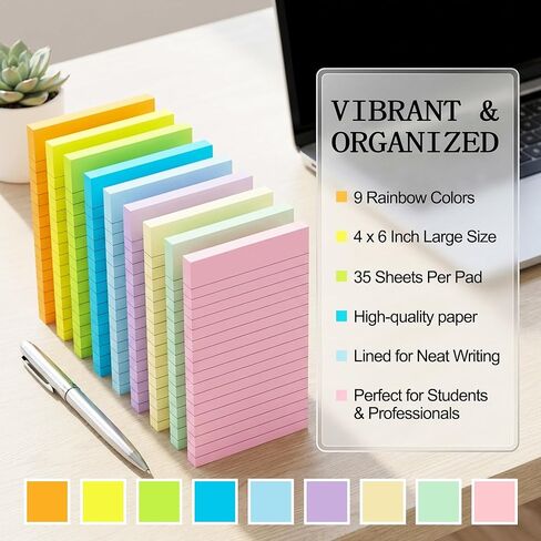 (9 Pack) BOKUGE Lined Sticky Notes 4x6 in, Strong Adhesive Self Stick Note Pads, Sticky Notes with Lines, 9 Colorful Options, Perfect for Office, Classroom, Task Reminders, Smooth Writing in Saudi Arabia