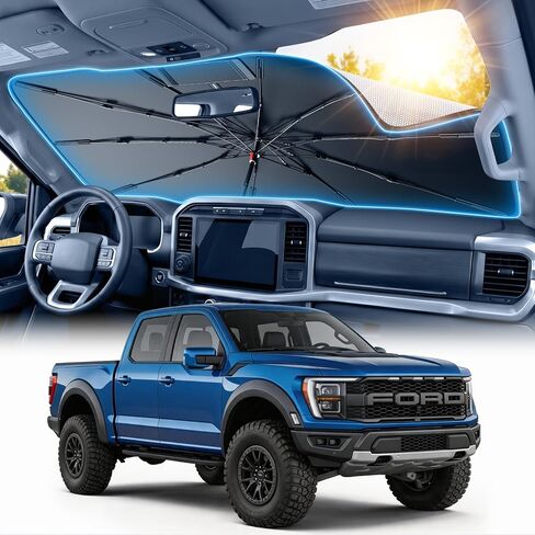 مظلة شمسية للزجاج الأمامي Ford F150/250/350/450 [10 أضلاع مضادة للترهل، 100% كتلة للأشعة فوق البنفسجية للكابينة الكاملة] مظلة شمسية قابلة للطي مع حقيبة تخزين سريعة، لسيارة Ford F150/250/350/450 (2015-2025) in Kuwait