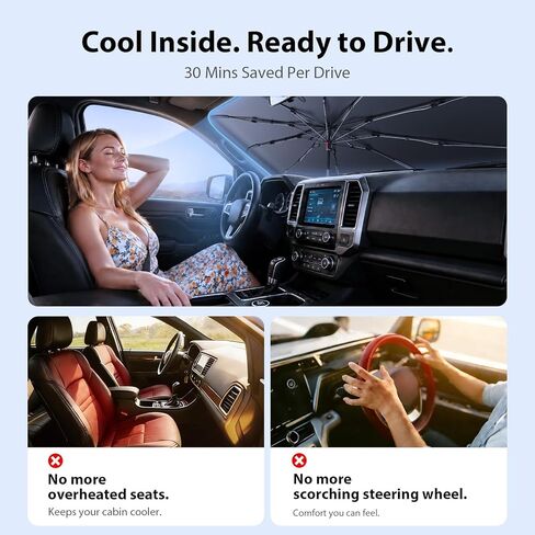 مظلة شمسية للزجاج الأمامي Ford F150/250/350/450 [10 أضلاع مضادة للترهل، 100% كتلة للأشعة فوق البنفسجية للكابينة الكاملة] مظلة شمسية قابلة للطي مع حقيبة تخزين سريعة، لسيارة Ford F150/250/350/450 (2015-2025) in Kuwait
