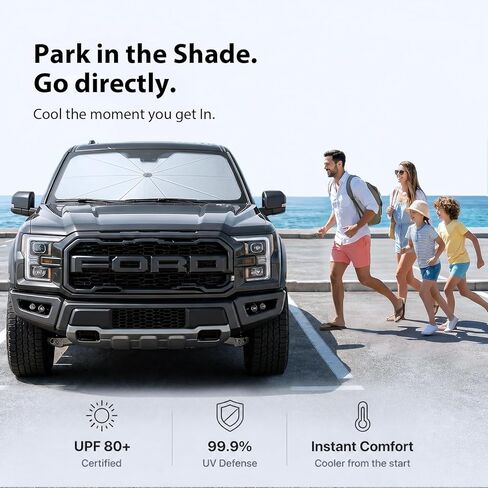 مظلة شمسية للزجاج الأمامي Ford F150/250/350/450 [10 أضلاع مضادة للترهل، 100% كتلة للأشعة فوق البنفسجية للكابينة الكاملة] مظلة شمسية قابلة للطي مع حقيبة تخزين سريعة، لسيارة Ford F150/250/350/450 (2015-2025) in Kuwait