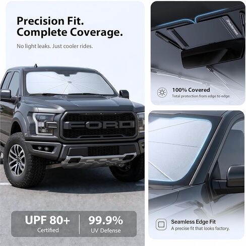 مظلة شمسية للزجاج الأمامي Ford F150/250/350/450 [10 أضلاع مضادة للترهل، 100% كتلة للأشعة فوق البنفسجية للكابينة الكاملة] مظلة شمسية قابلة للطي مع حقيبة تخزين سريعة، لسيارة Ford F150/250/350/450 (2015-2025) in Kuwait