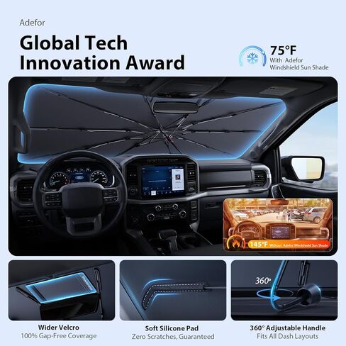 مظلة شمسية للزجاج الأمامي Ford F150/250/350/450 [10 أضلاع مضادة للترهل، 100% كتلة للأشعة فوق البنفسجية للكابينة الكاملة] مظلة شمسية قابلة للطي مع حقيبة تخزين سريعة، لسيارة Ford F150/250/350/450 (2015-2025) in Kuwait