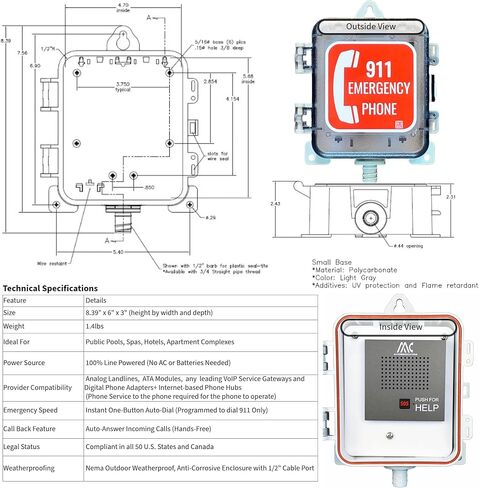 Outdoor Weatherproof Emergency Speaker Phone Call Box, Phone Line Direct Power Two-Way Handsfree Professional SOS 911 for Public Pools Universal Compatible Waterproof Calling System in Saudi Arabia