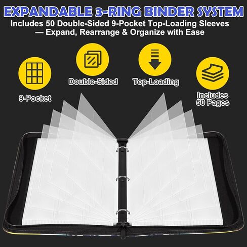 9 Pocket Top-Loading Trading Card Binder, 900 Pockets Card Book Holder with 50 Removable Sleeves, Double-Sided 3-Ring Zip,Waterproof PU Cover with Full Zipper,Card Albums Gifts for Serious Collectors in Saudi Arabia
