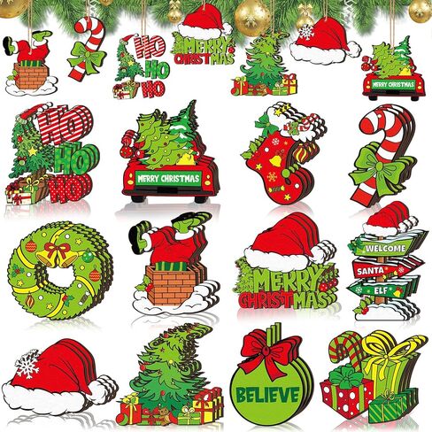 36 Pcs Christmas Wooden Ornaments Lime Green Red Christmas Tree Ornaments Decorative Holiday Wood Cutouts Slices Tag Label Hanging Christmas Decor for Xmas Tree Home Party(Classic Style) in Saudi Arabia