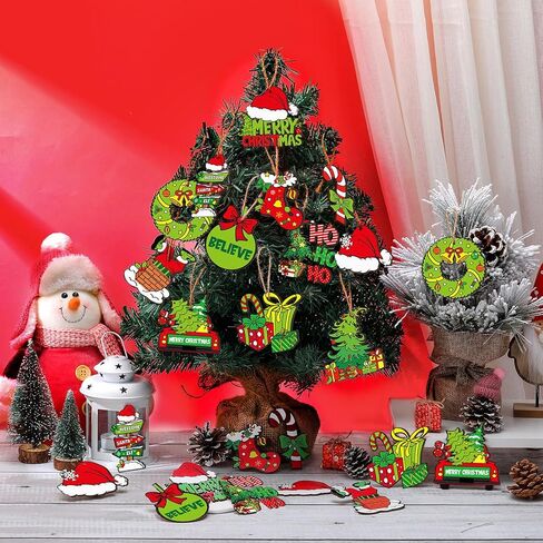 36 Pcs Christmas Wooden Ornaments Lime Green Red Christmas Tree Ornaments Decorative Holiday Wood Cutouts Slices Tag Label Hanging Christmas Decor for Xmas Tree Home Party(Classic Style) in Saudi Arabia