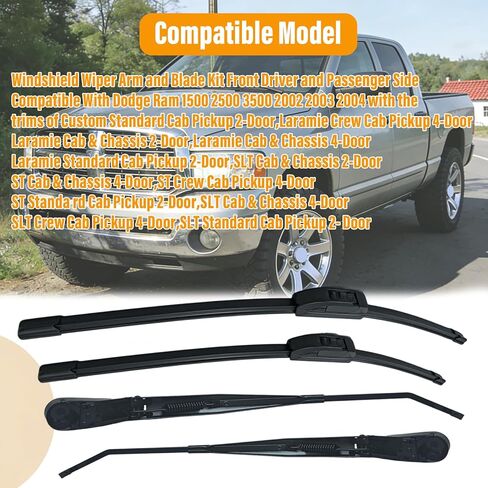 Front Windshield Wiper Arm and Blade Kit 42884 42885 Compatible With Dodge Ram 1500 2500 3500 2002 2003 2004 55077133AA 55077133AB 55077132AA 55077132AB（4PCS） in Saudi Arabia