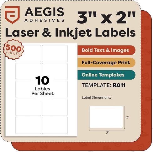 3" X 2" Matte White Printable Shipping Labels (500 Sheets, 5000 Stickers) Mailing and Address Labels, Product Packaging Stickers for Laser & Inkjet Printers - Aegis Adhesives Template R011 in Saudi Arabia