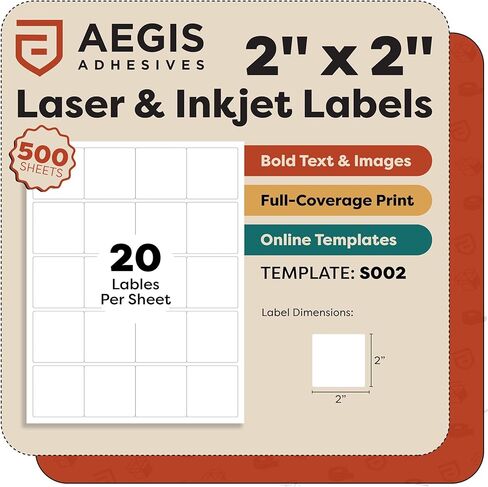 2" X 2" Matte White Printable Labels (500 Sheets, 10000 Stickers) Custom Labels, Logo Stickers, QR Codes for Laser & Inkjet Printers - Aegis Adhesives Template S002 in Saudi Arabia