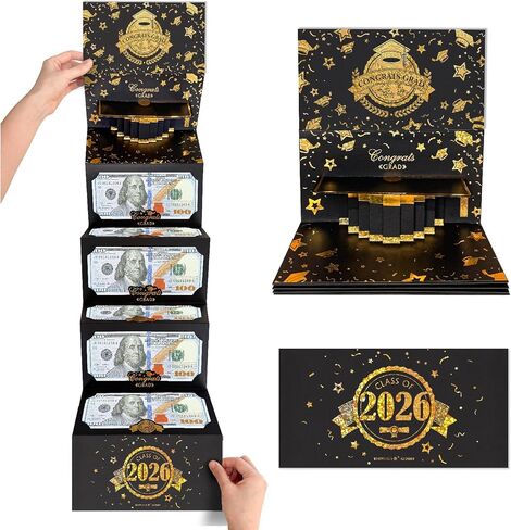 2026 مظروف نقود التخرج من الذهب الأسود للنقود، حامل نقود DIY مع 6 فتحات للنقود، حامل بطاقة مفاجأة لمستلزمات حفلات المدرسة الثانوية المتوسطة، بطاقة هدايا التخرج للرجال والنساء in Kuwait