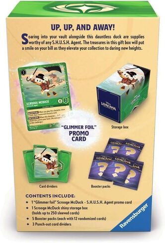 Ravensburger Disney Lorcana TCG: صندوق هدايا Scrooge McDuck - بطاقة ترويجية من رقائق جليمر، 5 عبوات معززة متنوعة، صندوق تخزين وفواصل - لعبة بطاقات تجارية ومقتنيات ديزني - للأعمار من 8 سنوات فما فوق in Kuwait