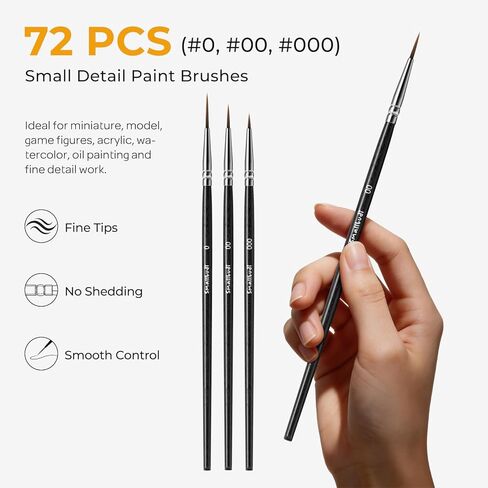 Smallbudi 72 قطعة من فرش الطلاء ذات التفاصيل الصغيرة - مجموعة فرش طلاء بأطراف دقيقة مع 3 مقاسات #0#00#000 فرشاة تحديد دائرية رفيعة للطلاء الأكريليك بألوان مائية وزيتية نموذج مصغر للرسم بالأرقام in Kuwait