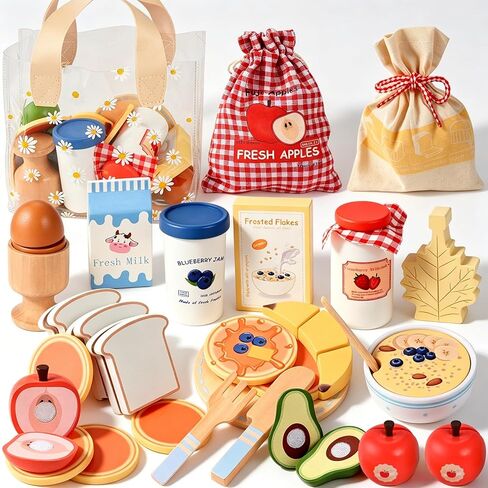 Wooden Play Food Set, Wooden Food for Play Kitchen, Wood Food Toys with Storage Bag, Play Kitchen Accessories, Gift for Girls Boys 3+ Year Old in Saudi Arabia
