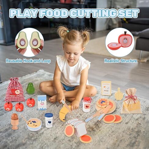 Wooden Play Food Set, Wooden Food for Play Kitchen, Wood Food Toys with Storage Bag, Play Kitchen Accessories, Gift for Girls Boys 3+ Year Old in Saudi Arabia