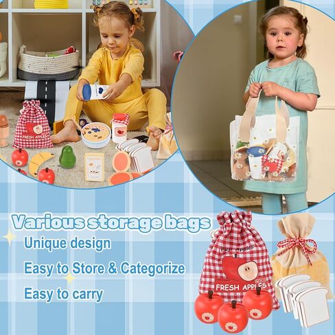 Wooden Play Food Set, Wooden Food for Play Kitchen, Wood Food Toys with Storage Bag, Play Kitchen Accessories, Gift for Girls Boys 3+ Year Old in Saudi Arabia