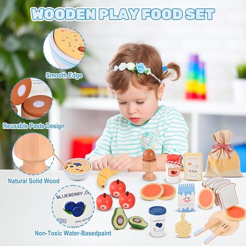Wooden Play Food Set, Wooden Food for Play Kitchen, Wood Food Toys with Storage Bag, Play Kitchen Accessories, Gift for Girls Boys 3+ Year Old in Saudi Arabia