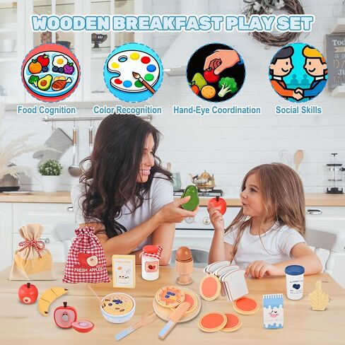Wooden Play Food Set, Wooden Food for Play Kitchen, Wood Food Toys with Storage Bag, Play Kitchen Accessories, Gift for Girls Boys 3+ Year Old in Saudi Arabia