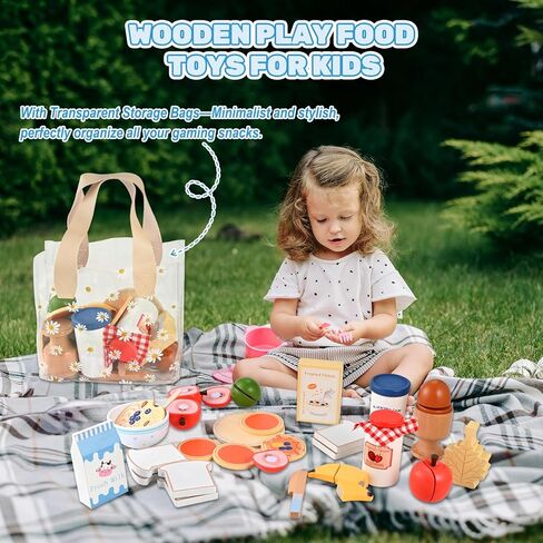 Wooden Play Food Set, Wooden Food for Play Kitchen, Wood Food Toys with Storage Bag, Play Kitchen Accessories, Gift for Girls Boys 3+ Year Old in Saudi Arabia