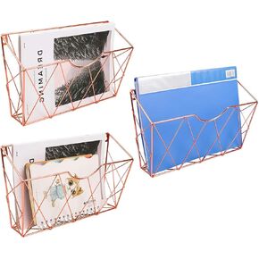 TQVAI Hanging Wall File Organizer 3 Pack, Metal Wall Mounted File Holder, No Assembly Required, Curved Pocket Paper Document Rack for Office Home School Magazine Mail Storage, Rose Gold in Saudi Arabia