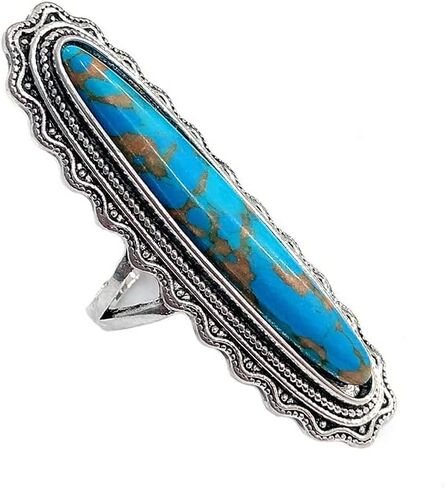 QUSIIOSLK Vintage Sterling Silver Ring with Genuine Turquoise Long Cut Natural Bohemia Turquoise Moonstone Solitaire Rings Jewelry for Women Size 6-10(Size-10) in Saudi Arabia
