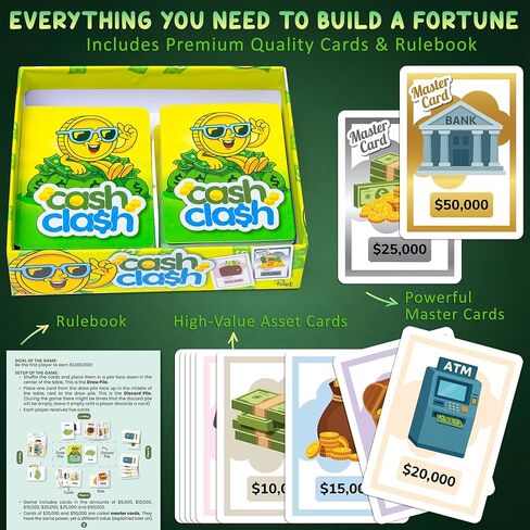لعبة Point Games Cash Clash Card - لعبة بناء الثروة العائلية سريعة الوتيرة، مجموعة تنافسية وإستراتيجية | لعبة ممتعة للحفلات للأطفال والمراهقين والكبار | للأعمار من 7 سنوات فما فوق in Kuwait