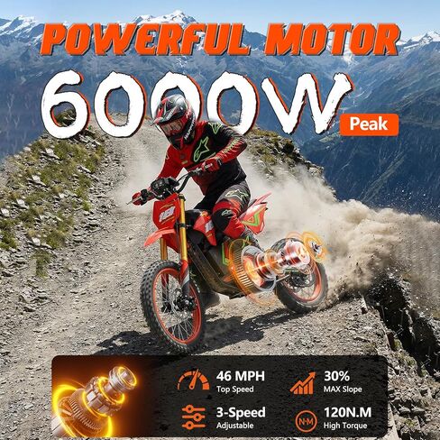دراجة كهربائية HAPPYRUN F18 دراجة نارية 60 فولت 30 أمبير في الساعة، محرك متوسط ​​الذروة 6000 وات، نطاق 60 ميل وسرعة قصوى 46 ميل في الساعة، إطارات خلفية 17 بوصة أمامية 14 بوصة للطرق الوعرة للبالغين E-Moto Dirt Bike in Kuwait