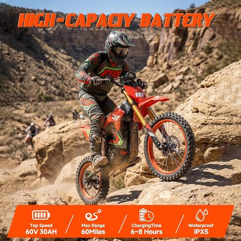 دراجة كهربائية HAPPYRUN F18 دراجة نارية 60 فولت 30 أمبير في الساعة، محرك متوسط ​​الذروة 6000 وات، نطاق 60 ميل وسرعة قصوى 46 ميل في الساعة، إطارات خلفية 17 بوصة أمامية 14 بوصة للطرق الوعرة للبالغين E-Moto Dirt Bike in Kuwait