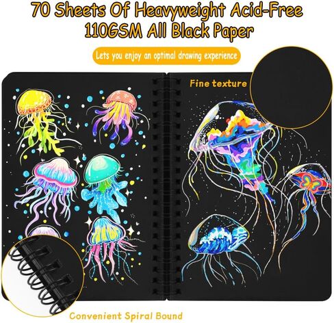 5x7in Black Paper Mixed Media Sketchbook, 110gsm Spiral Bound Art Journal Sketchbook, 70Sheets Acid-Free Travel Pocket Sketch Pad for Drawing, Illustration, Ideal for Most Dry Media in Saudi Arabia
