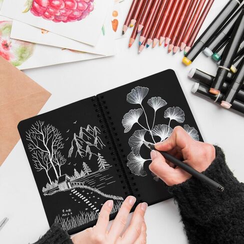 5x7in Black Paper Mixed Media Sketchbook, 110gsm Spiral Bound Art Journal Sketchbook, 70Sheets Acid-Free Travel Pocket Sketch Pad for Drawing, Illustration, Ideal for Most Dry Media in Saudi Arabia
