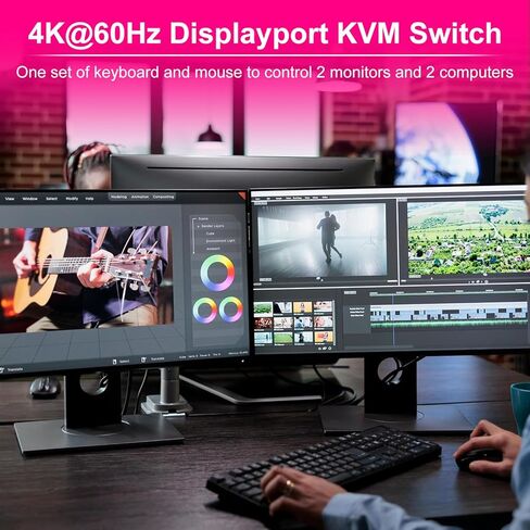 Displayport KVM Switch 2 شاشات 2 جهاز كمبيوتر مع مقبس صوت - 8k @ 60HZ 4K @ 144 هرتز مفتاح KVM بشاشة مزدوجة مع 3 منافذ USB 3.0 ماوس لوحة مفاتيح مشاركة، متضمن جهاز تحكم عن بعد سلكي 2 كابلات Displayport Switch in Saudi Arabia