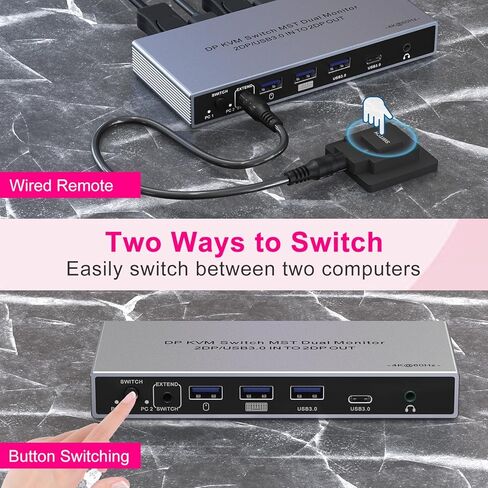 Displayport KVM Switch 2 شاشات 2 جهاز كمبيوتر مع مقبس صوت - 8k @ 60HZ 4K @ 144 هرتز مفتاح KVM بشاشة مزدوجة مع 3 منافذ USB 3.0 ماوس لوحة مفاتيح مشاركة، متضمن جهاز تحكم عن بعد سلكي 2 كابلات Displayport Switch in Saudi Arabia