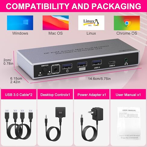Displayport KVM Switch 2 شاشات 2 جهاز كمبيوتر مع مقبس صوت - 8k @ 60HZ 4K @ 144 هرتز مفتاح KVM بشاشة مزدوجة مع 3 منافذ USB 3.0 ماوس لوحة مفاتيح مشاركة، متضمن جهاز تحكم عن بعد سلكي 2 كابلات Displayport Switch in Saudi Arabia