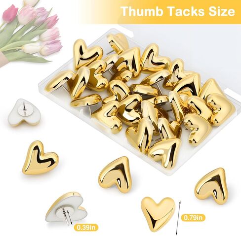30Pcs Gold Heart Push Pins for Bulletin Board, Refrigerator Magnets, Cute Thumb Tacks for Cork Board, Decorative Thumbtacks for Corkboard, Office, Needlepoint in Saudi Arabia