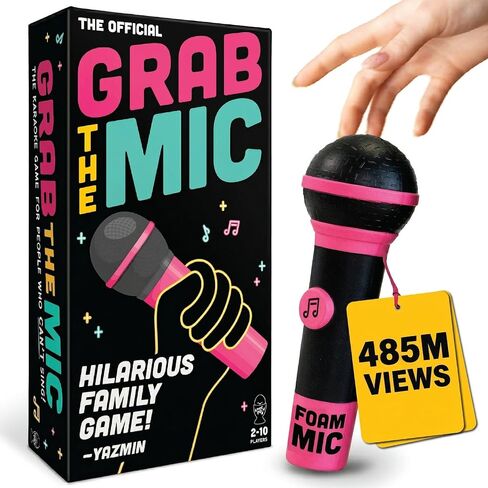 Lucky Egg Official Grab The Mic - لعبة كاريوكي عائلية مع ميكروفون رغوي، 8+ الأعمار، 2-10 لاعبين - ألعاب للمطربين السيئين مع 240 أغنية (120 بطاقة) الإصدار الثاني in Kuwait