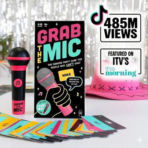 Lucky Egg Official Grab The Mic - لعبة كاريوكي عائلية مع ميكروفون رغوي، 8+ الأعمار، 2-10 لاعبين - ألعاب للمطربين السيئين مع 240 أغنية (120 بطاقة) الإصدار الثاني in Kuwait