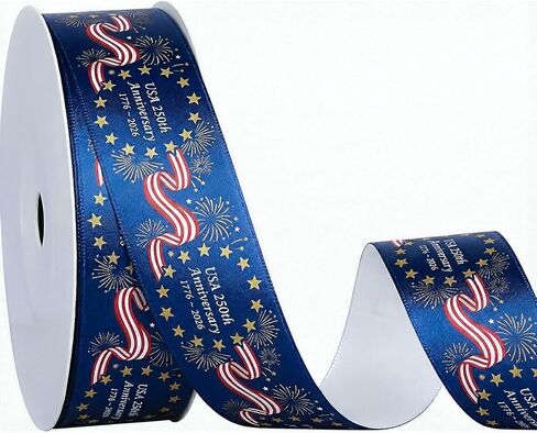 America 250th Ribbon - 1 Inch x 25 Yards Navy & Gold Fireworks Satin Ribbon, Non-Wired Patriotic Ribbon for July 4th, Semiquincentennial Crafts & Commemorative Decor in Saudi Arabia