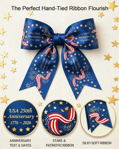 America 250th Ribbon - 1 Inch x 25 Yards Navy & Gold Fireworks Satin Ribbon, Non-Wired Patriotic Ribbon for July 4th, Semiquincentennial Crafts & Commemorative Decor in Saudi Arabia